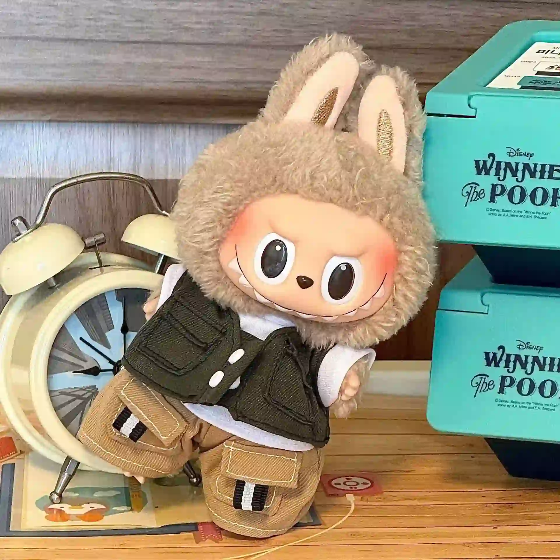 labubu doll 15cm 17cm khaki cargo pants vest outfit set