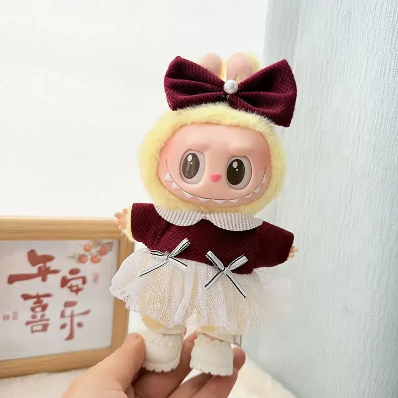 labubu doll 17cm burgundy dress outfit with headband accessories