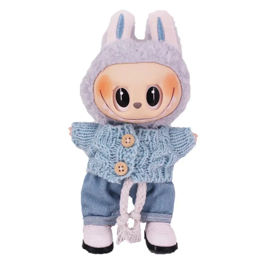 labubu doll accessory knit sweater denim shorts outfit set