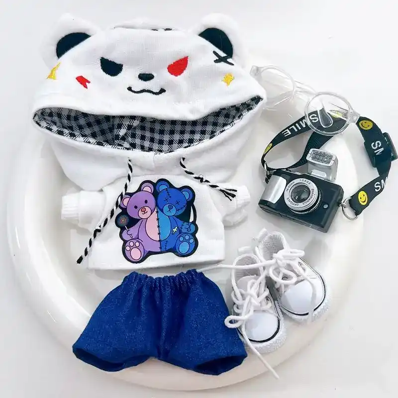 labubu doll bear hoodie outfit set denim shorts accessories