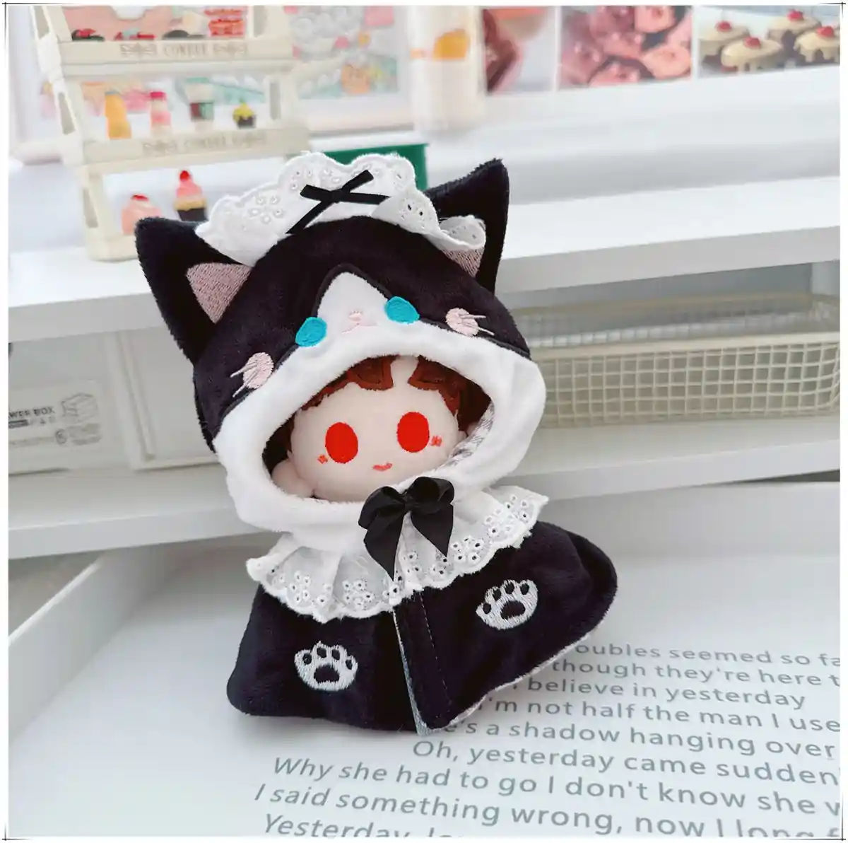 labubu doll black cat hooded cloak plush cotton maid costume 17cm