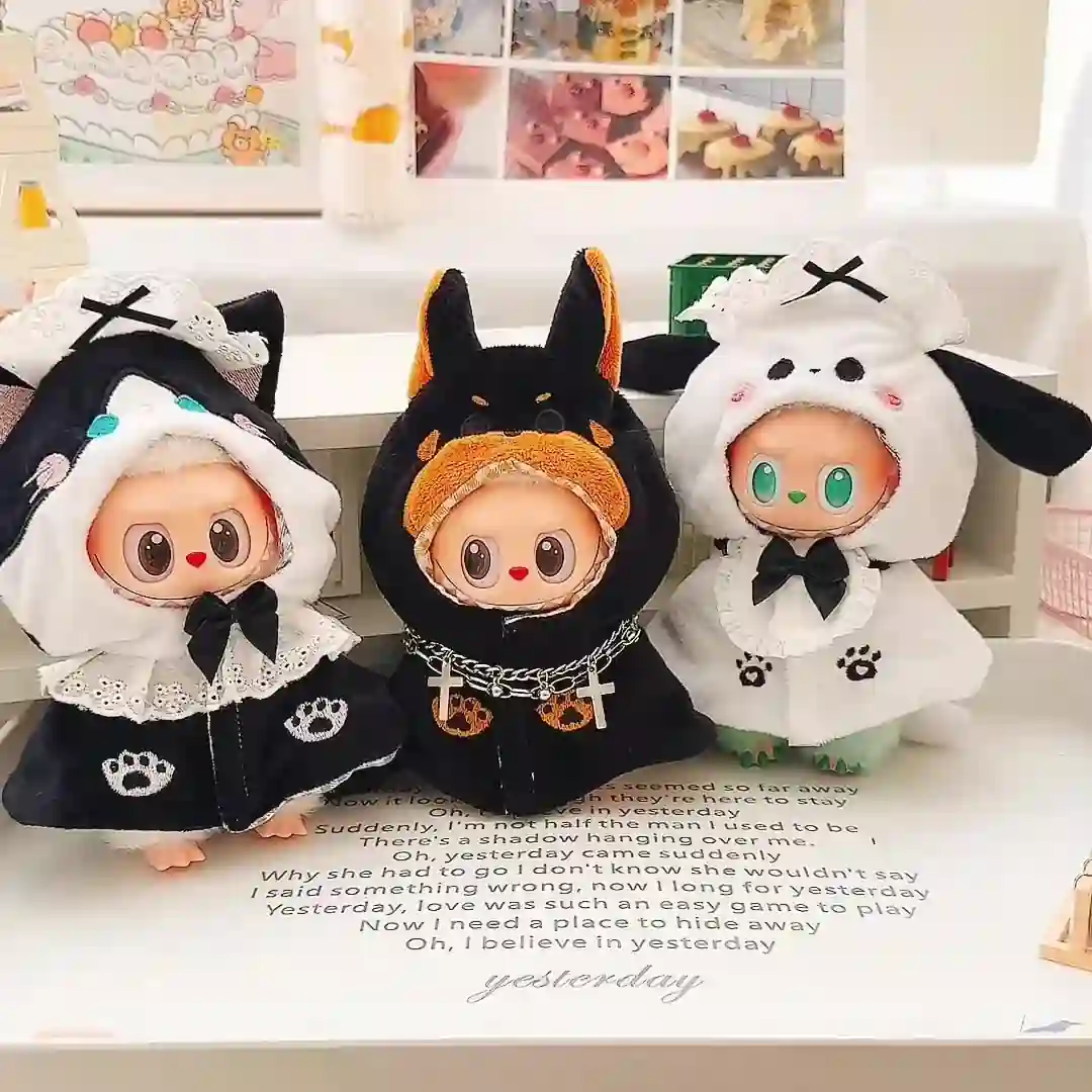 labubu doll black cat maid hooded cloak lace trim plush cotton design