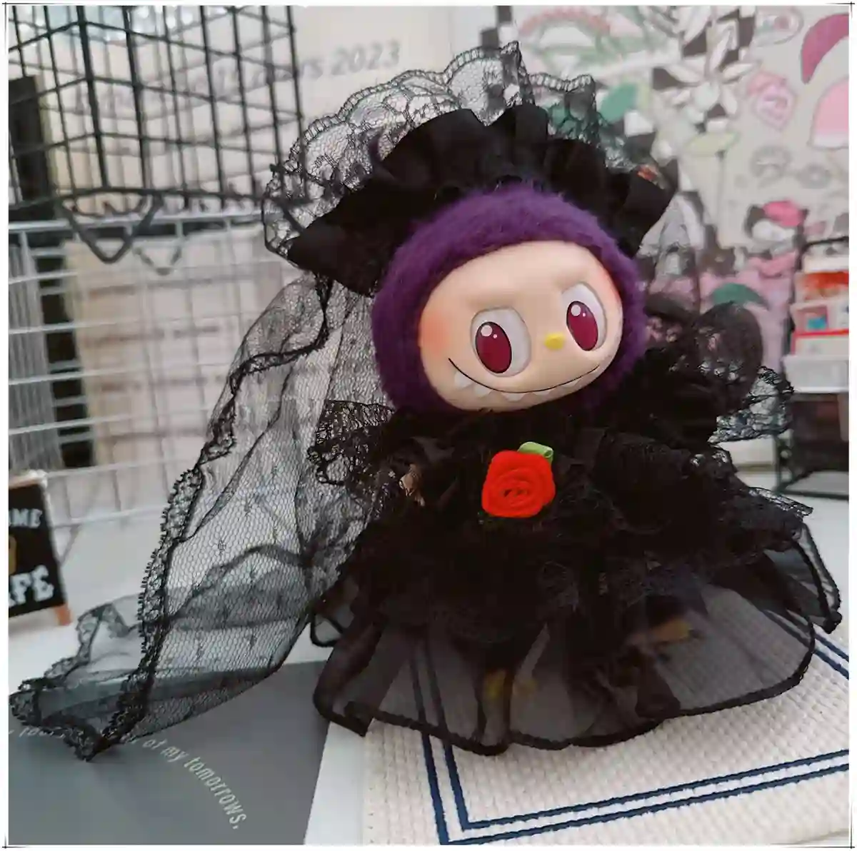 labubu doll black lace wedding dress outfit accessories