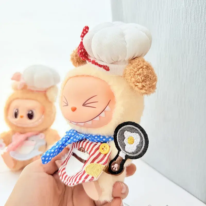 labubu doll chef costume with embroidered coffee cup apron