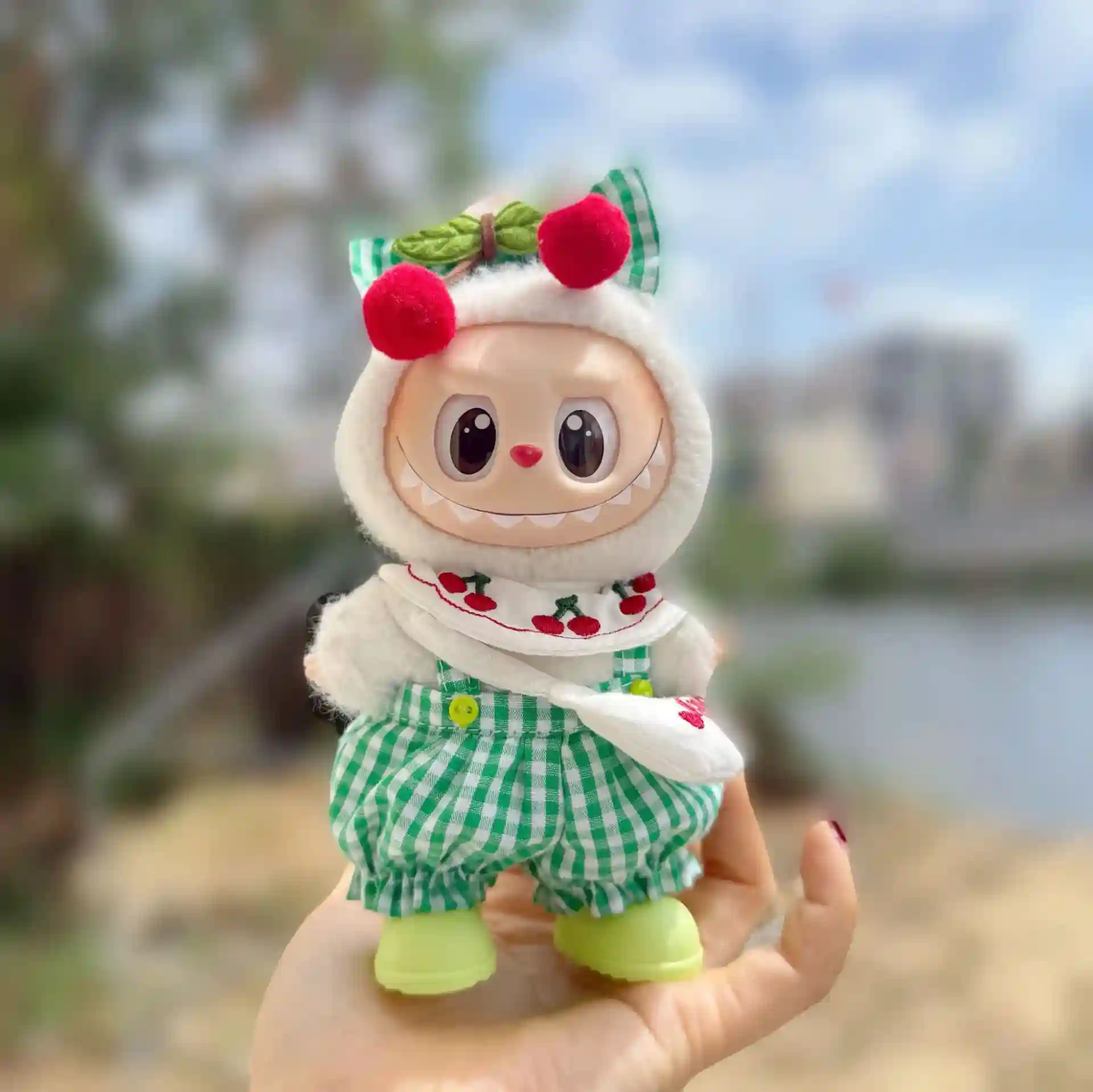 labubu doll cherry outfit 15cm v1 v2 v3 romper headband bag