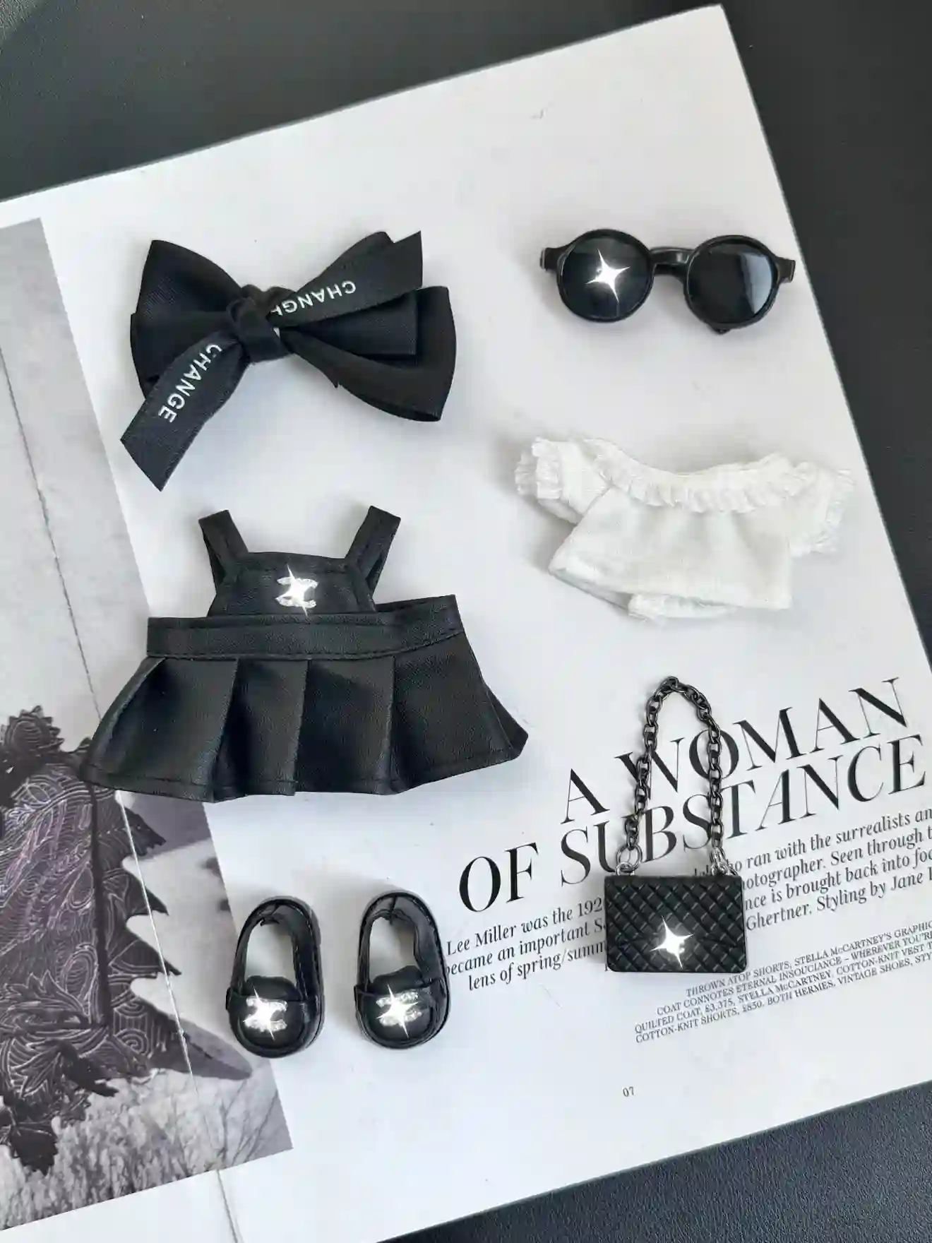 labubu doll clothes black dress loafers handbag sunglasses headband