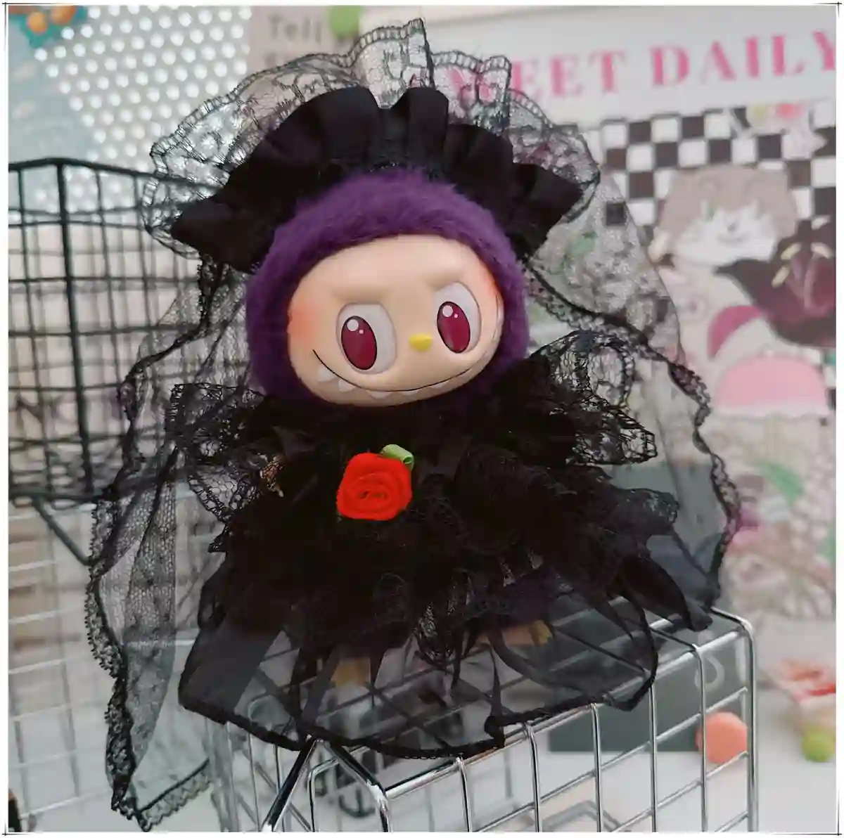 labubu doll clothes black lace wedding dress decoration