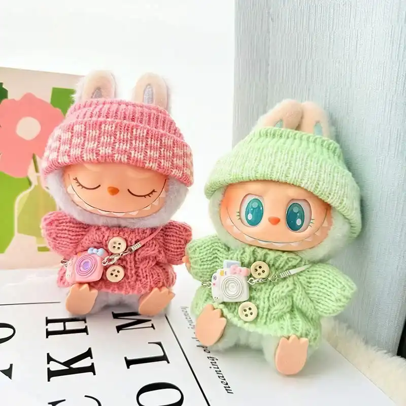 labubu doll clothes knitted sweater hat set light blue mustard yellow