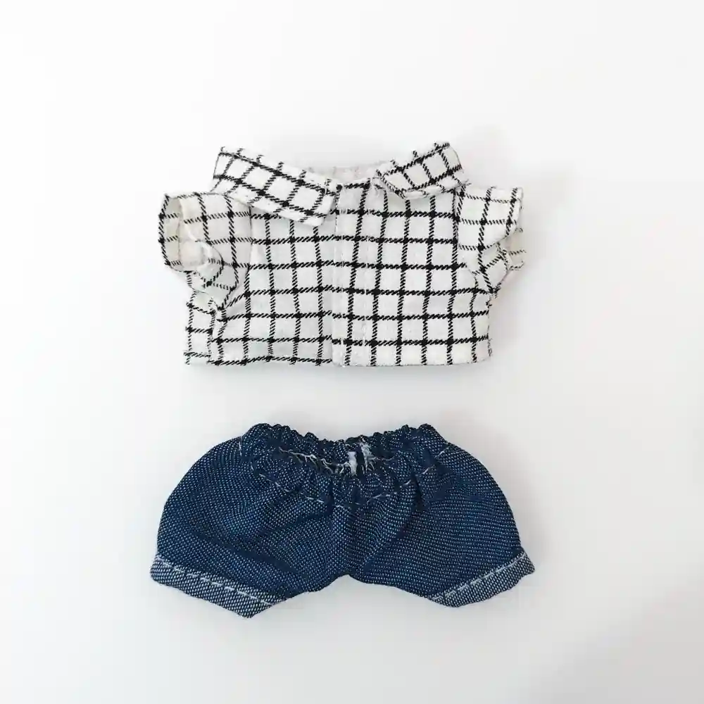 labubu doll clothes plaid shirt denim shorts outfit set 15cm 17cm