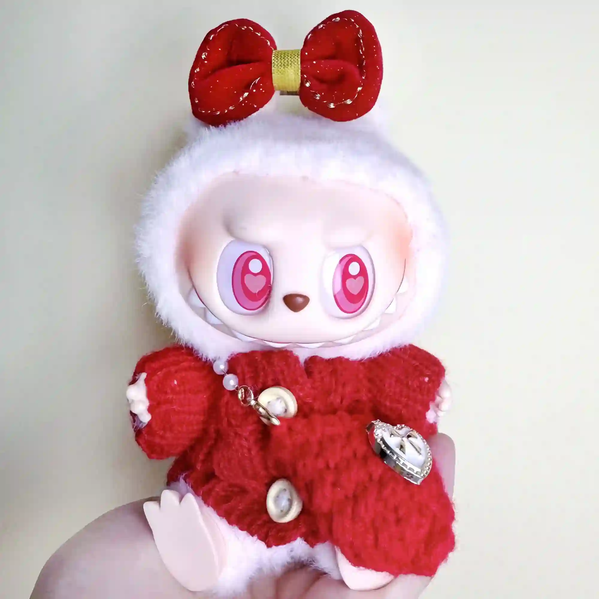 labubu doll clothes red knit cardigan handbag bow set