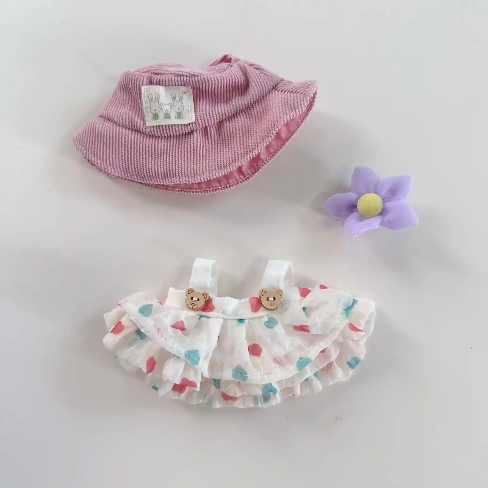 labubu doll clothes set featuring ruffled dress and hat