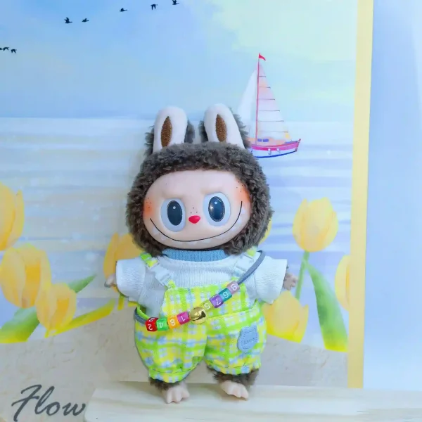 labubu doll clothes set including overalls shirt cap and necklace