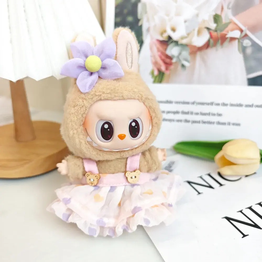 labubu doll clothes set tiered dress bunny ears hat flower embellishment