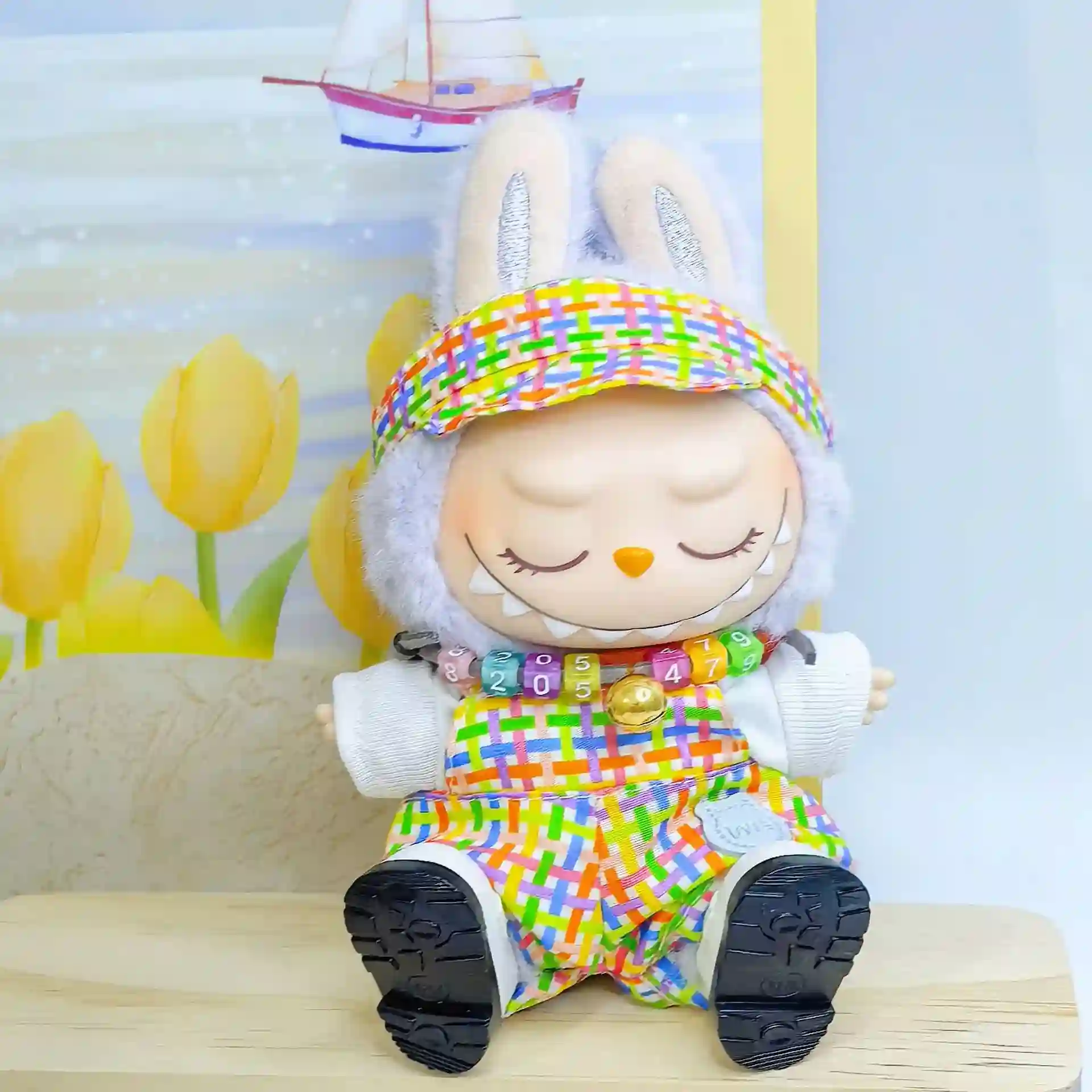 labubu doll clothes summer outfit checkered pattern accessories included