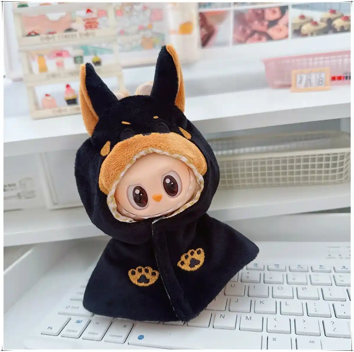 labubu doll clothes white dog plush cloak with maid bib accessory