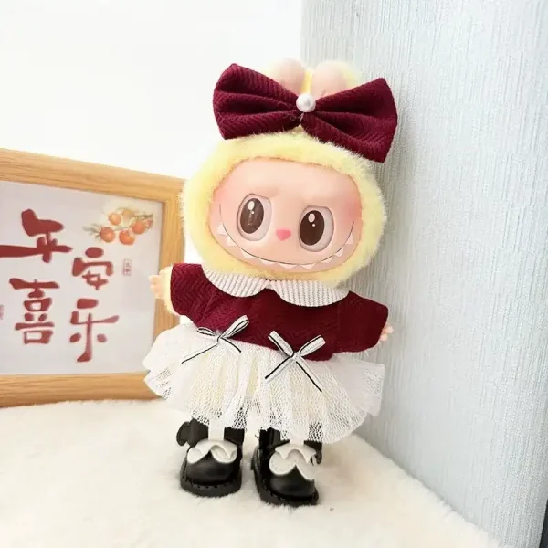 labubu doll clothing burgundy dress with pearl headband accessory