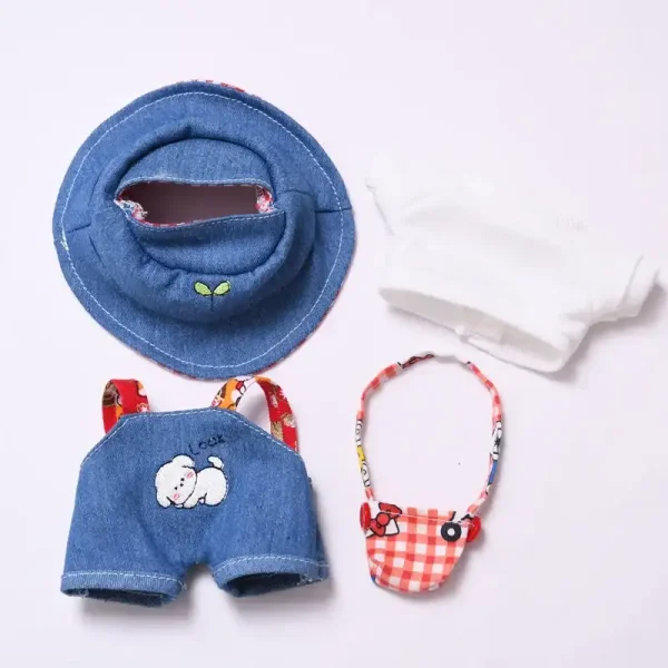labubu doll clothing set featuring cute puppy denim overalls