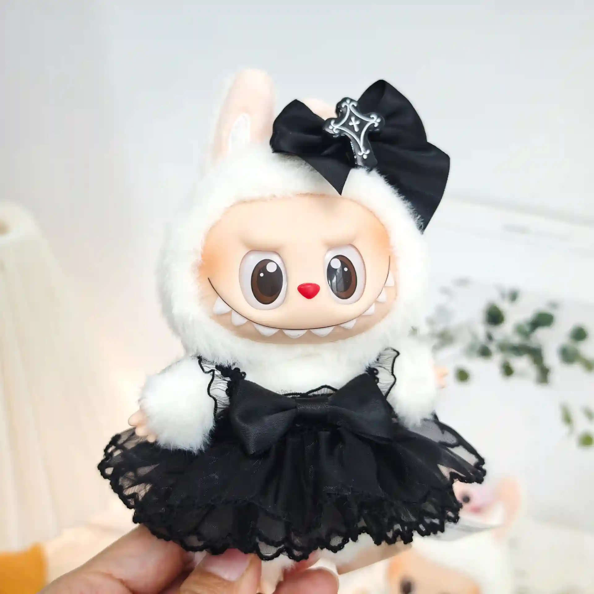 labubu doll devil costume black dress lace trim bat wings pendant