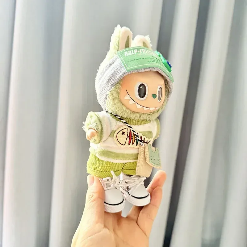labubu doll kawaii green striped outfit with hat and bag