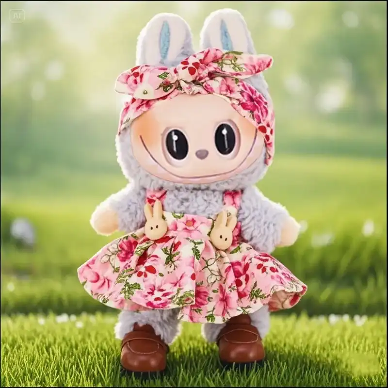 labubu doll outfit cute whimsical design floral dress striped shirt