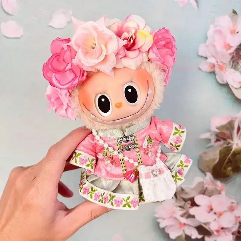 labubu doll pink floral dress third generation blind box