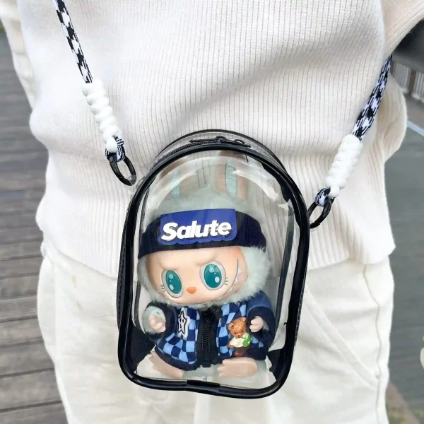 labubu doll protective bag with elegant pink frame design