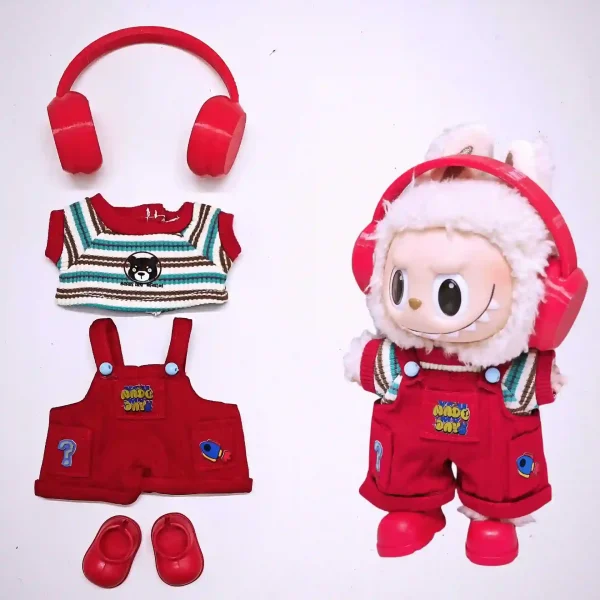 labubu doll red overalls outfit set unique patch details