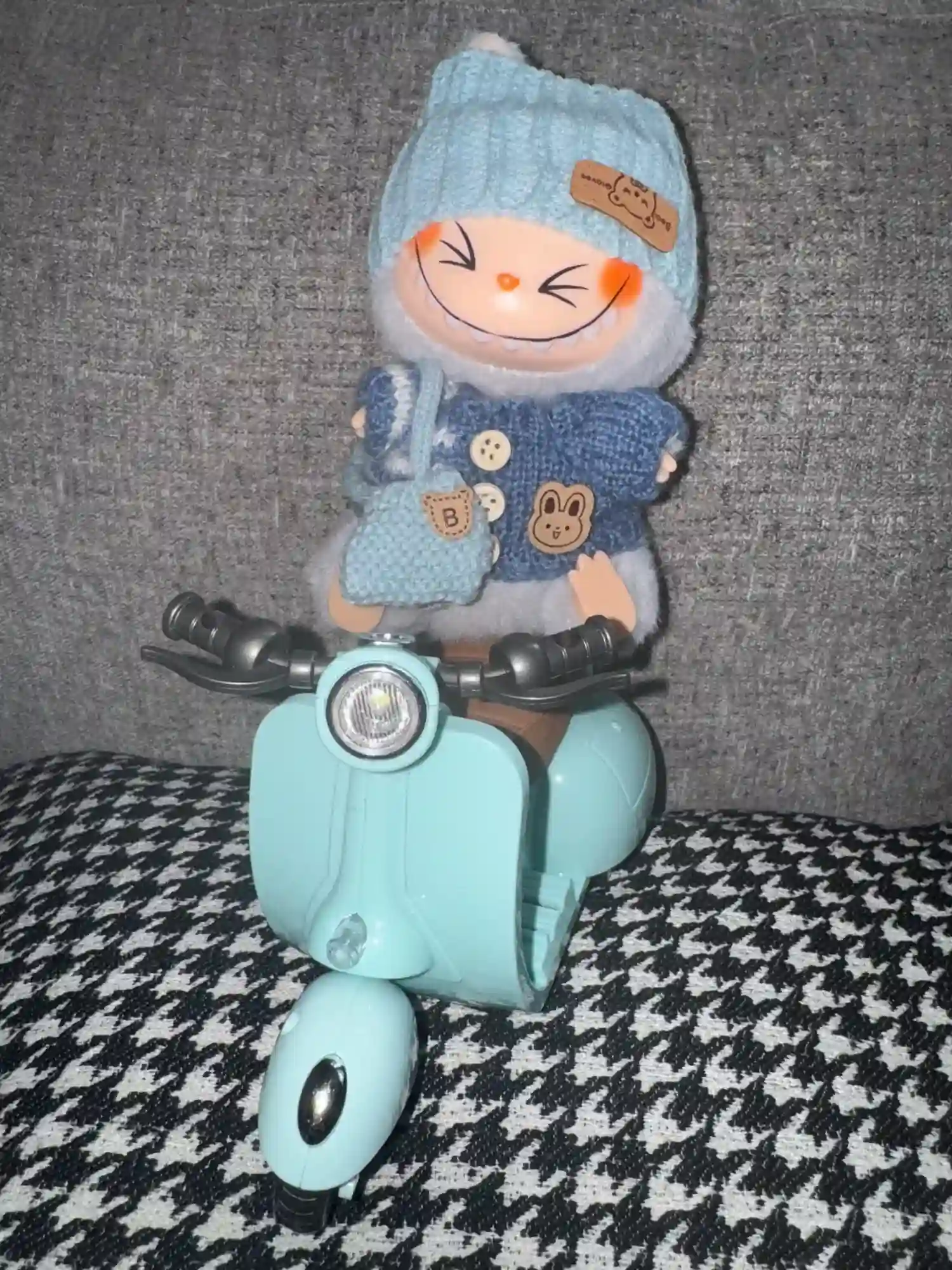 labubu doll scooter outfit beige blue green grey color options