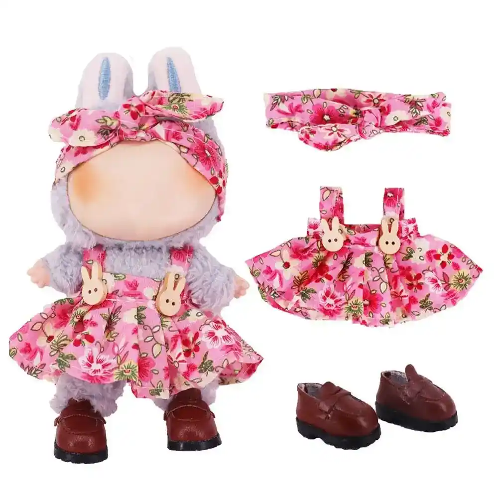 labubu doll summer outfit floral dress headband shoes