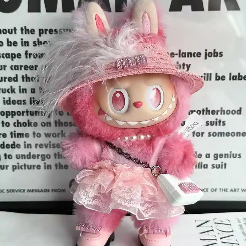 labubu doll v3 striped outfit set with pink dress and hat