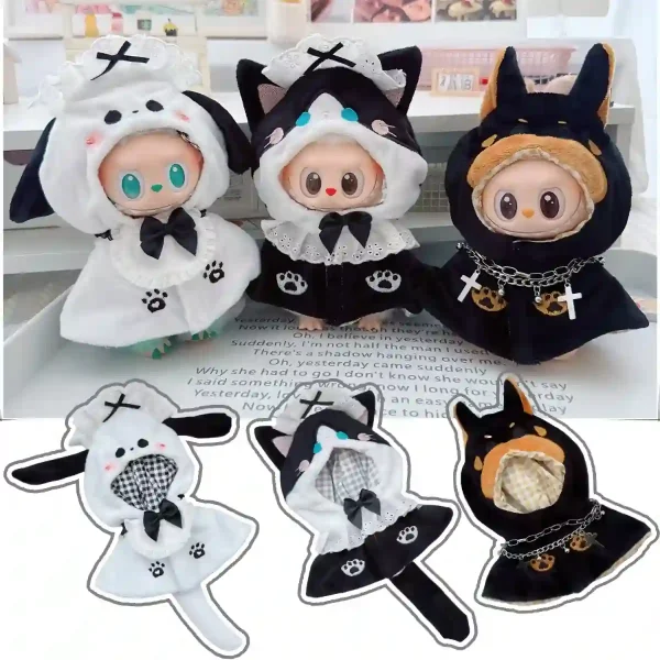 labubu doll white dog hooded cloak playful checkered inner lining