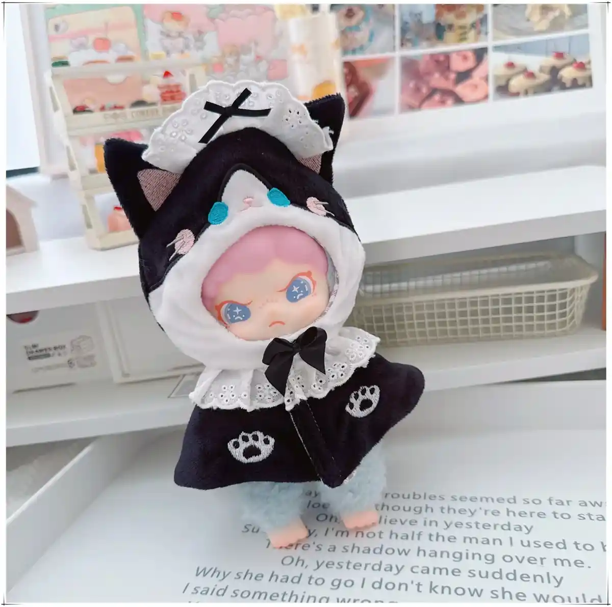 labubu doll white dog hooded cloak with checkered inner lining