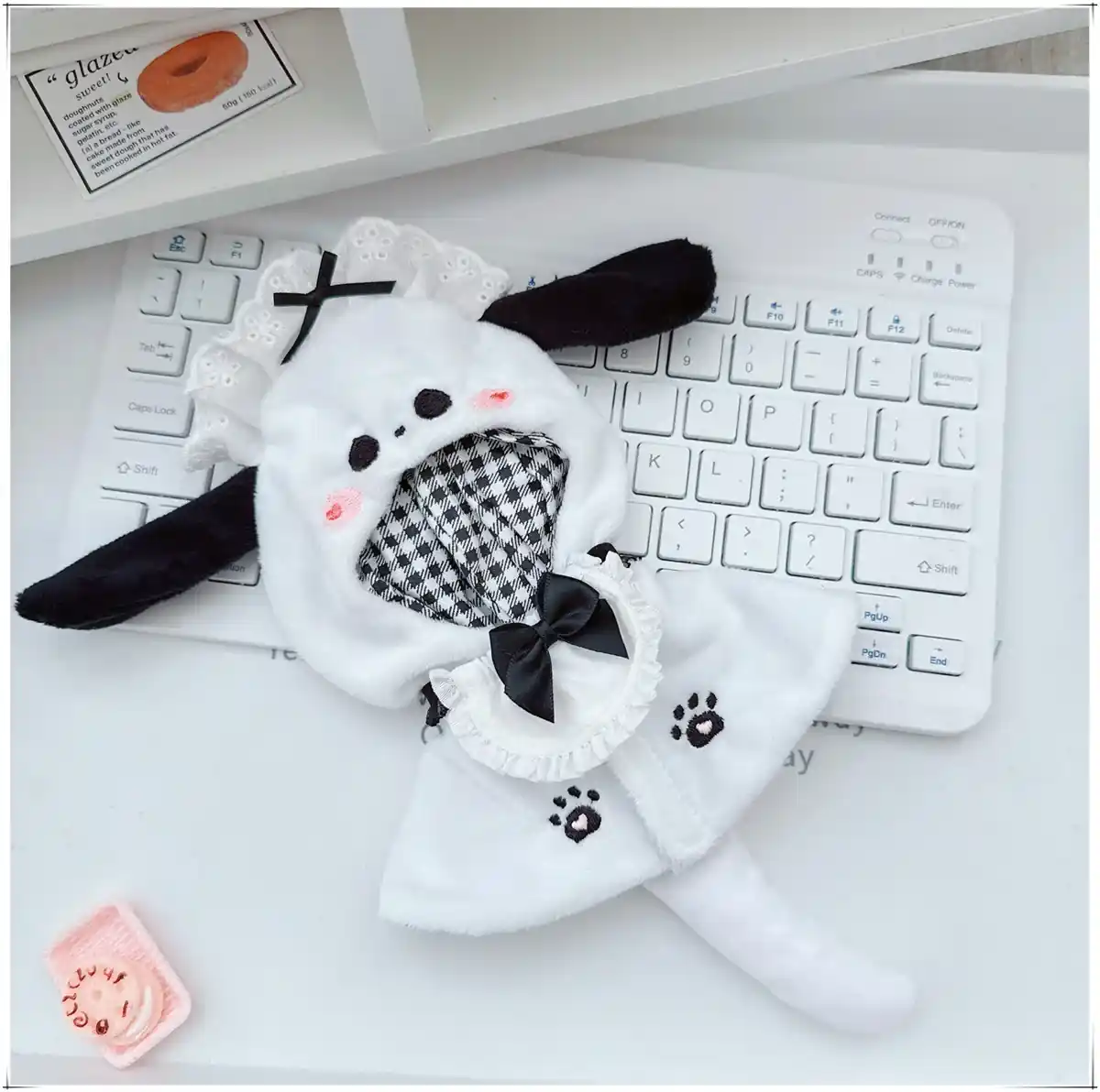 labubu doll white dog hooded cloak with miniature maid bib accessory