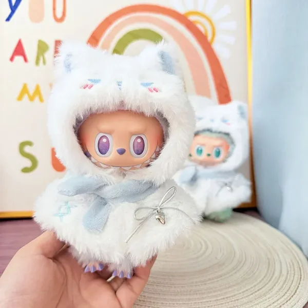 labubu doll winter outfit set snow themed hooded cape scarf combo