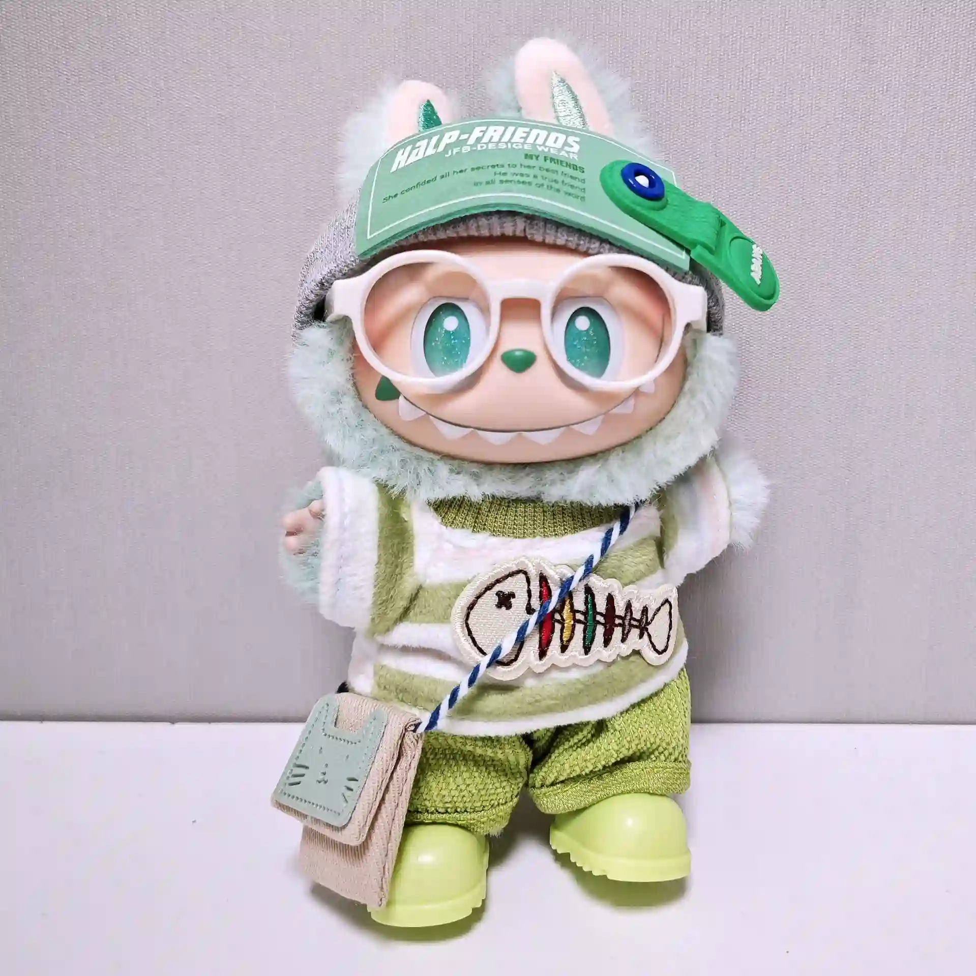 labubu green striped outfit with embroidered fishbone