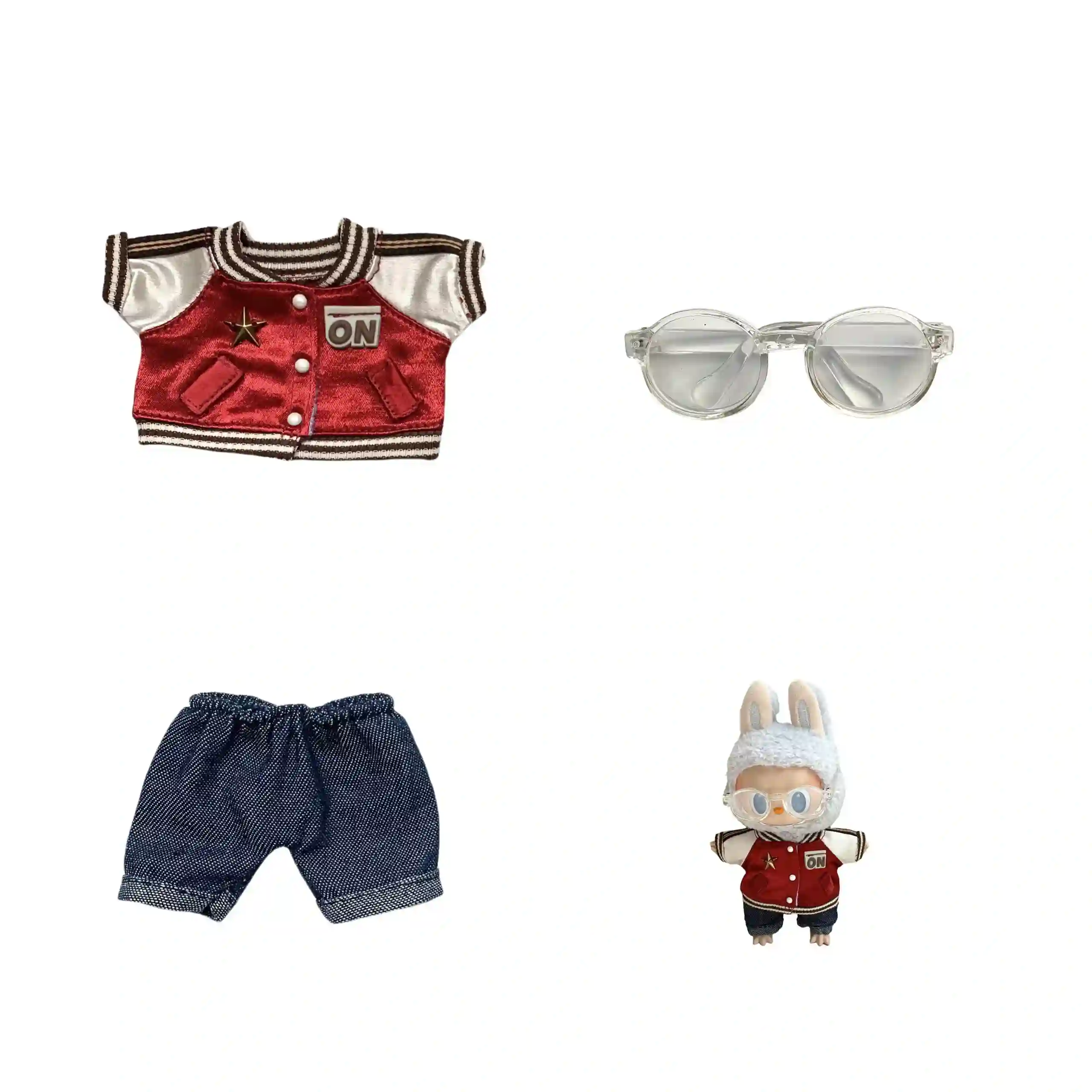 labubu plush doll clothes red jacket denim shorts outfit set