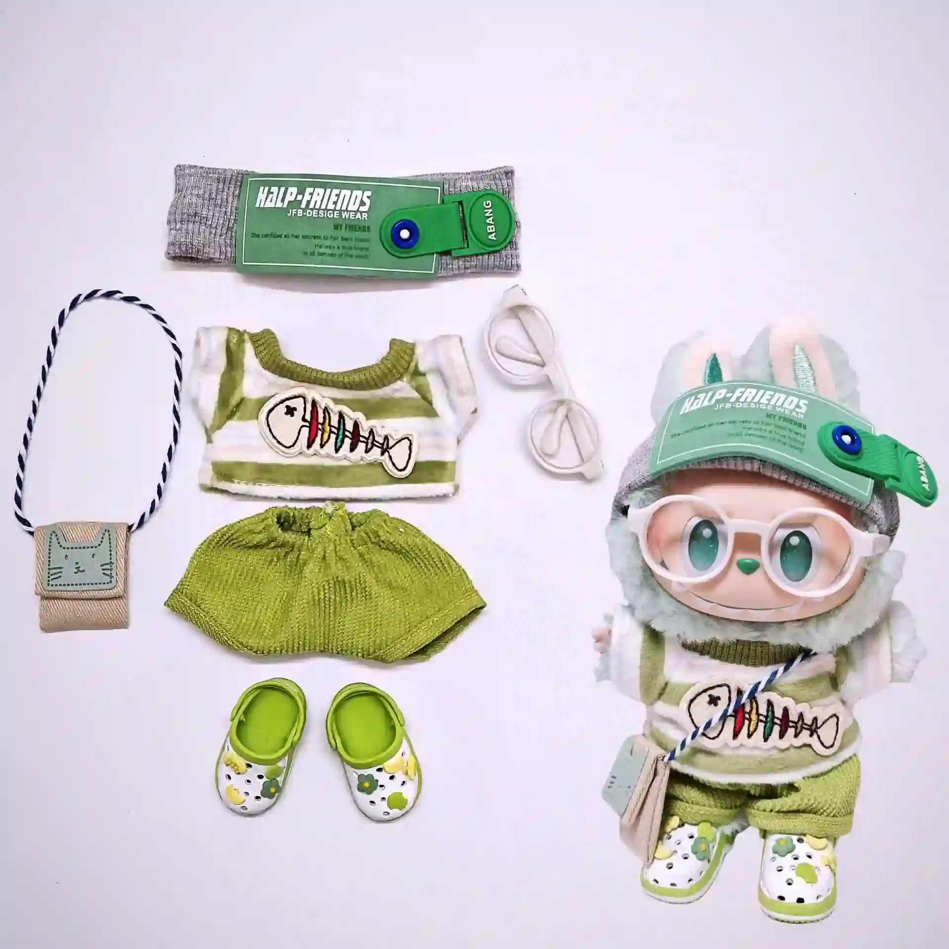 labubu plush doll clothing set green striped design