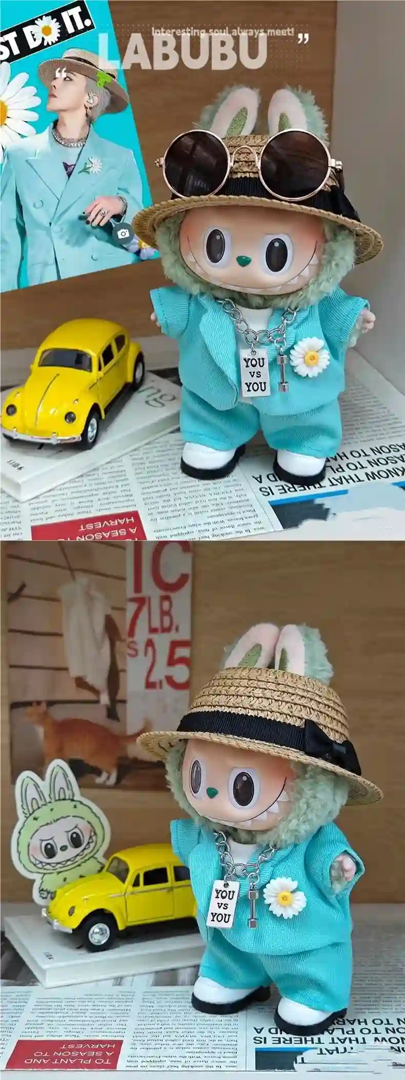 labubu teal suit outfit with hat for 15cm doll