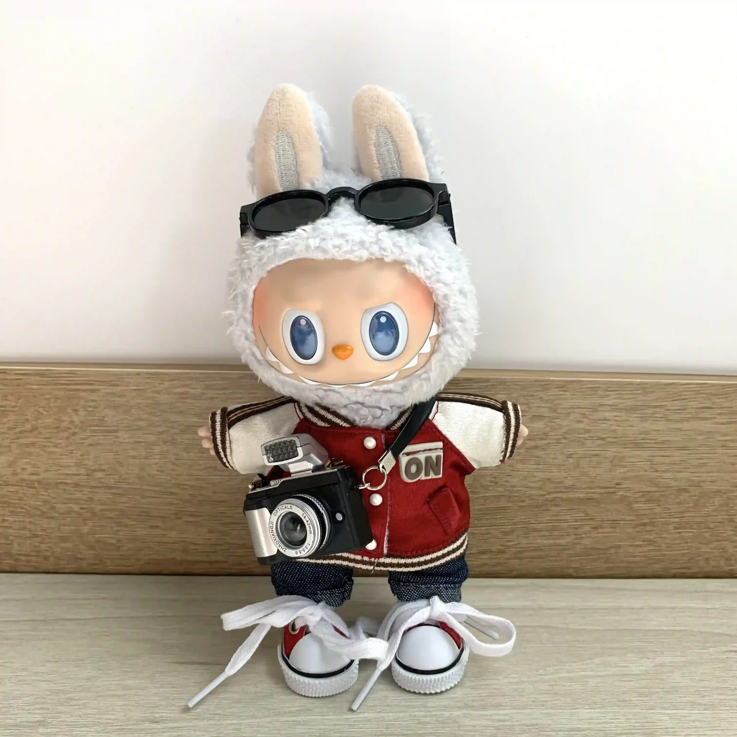 labubu v2 v3 doll red jacket denim shorts outfit set scaled