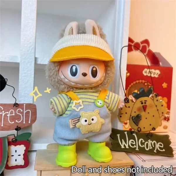 lifestyle image 17cm Labubu doll wearing complete outfit set