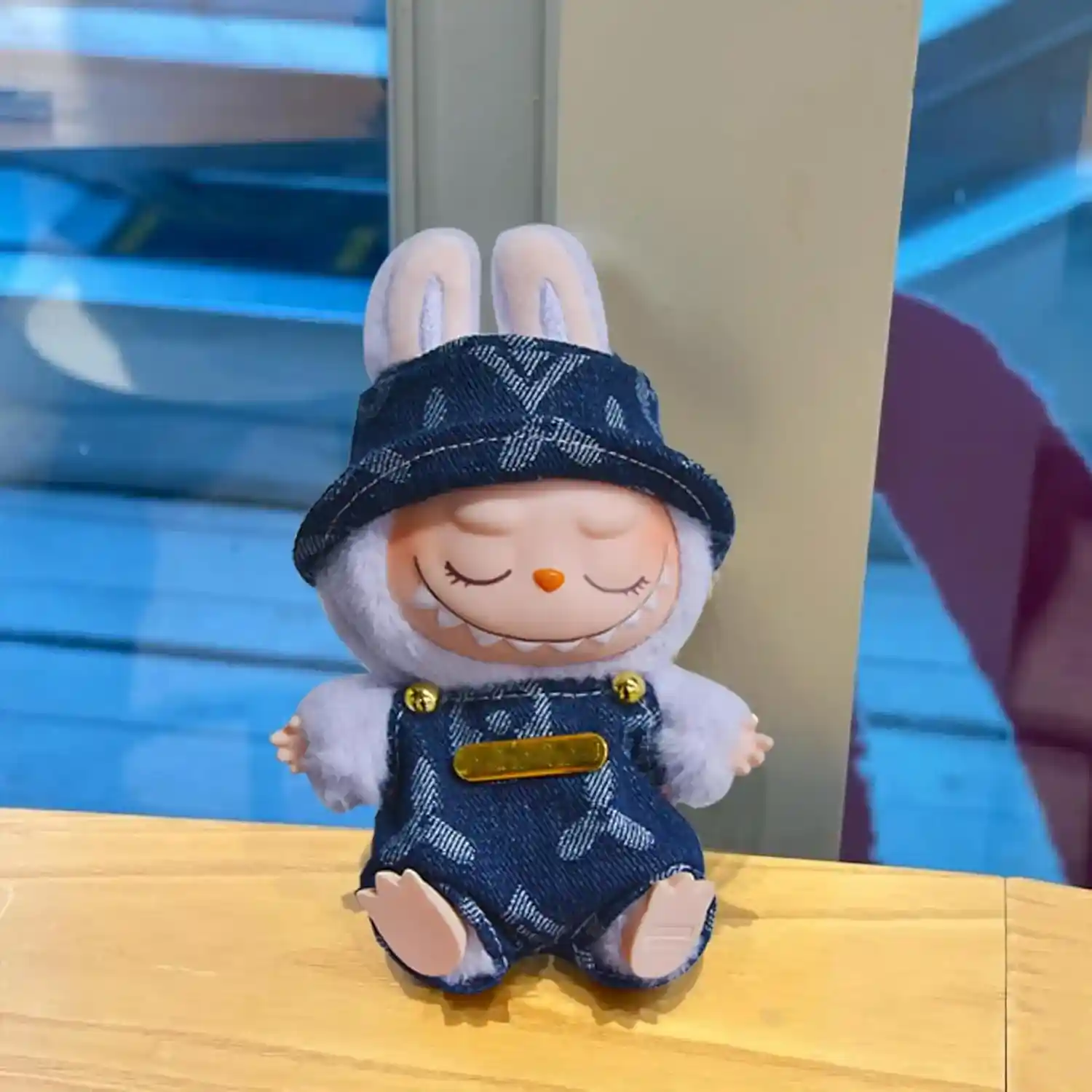 light blue denim bucket hat and overalls for 17cm Labubu doll