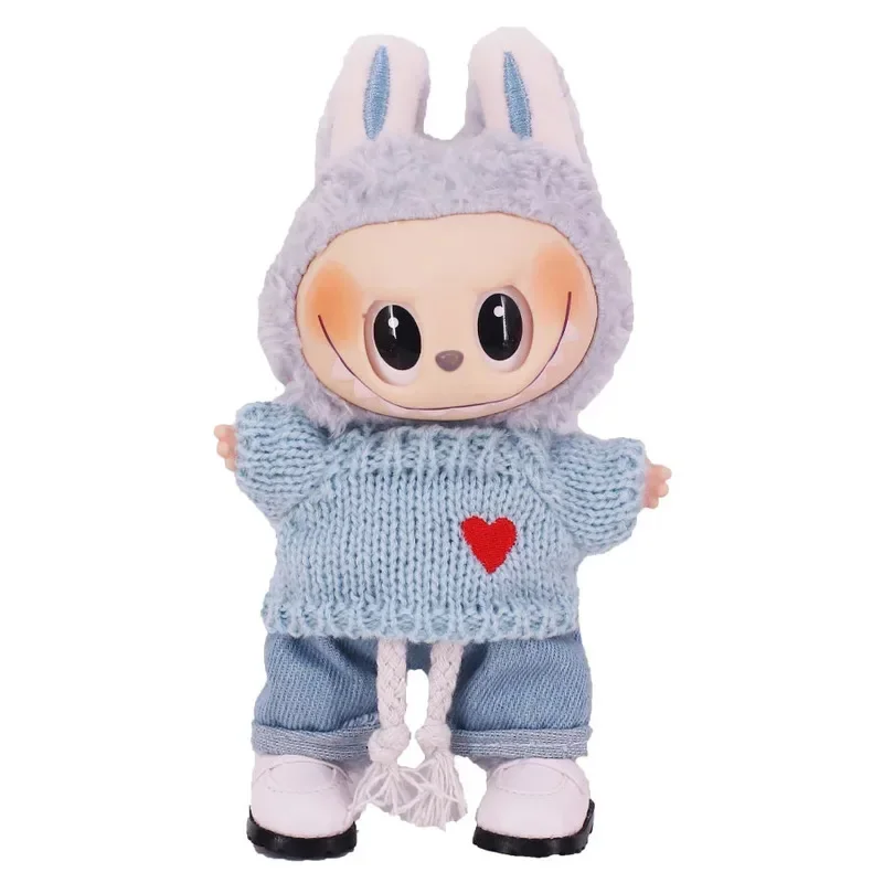 light wash denim shorts and knit sweater for labubu doll