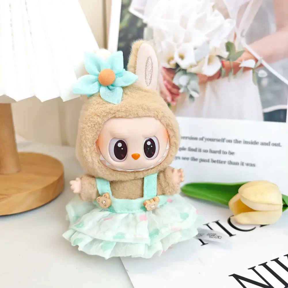 mint green labubu doll clothes set tiered dress bunny ears hat