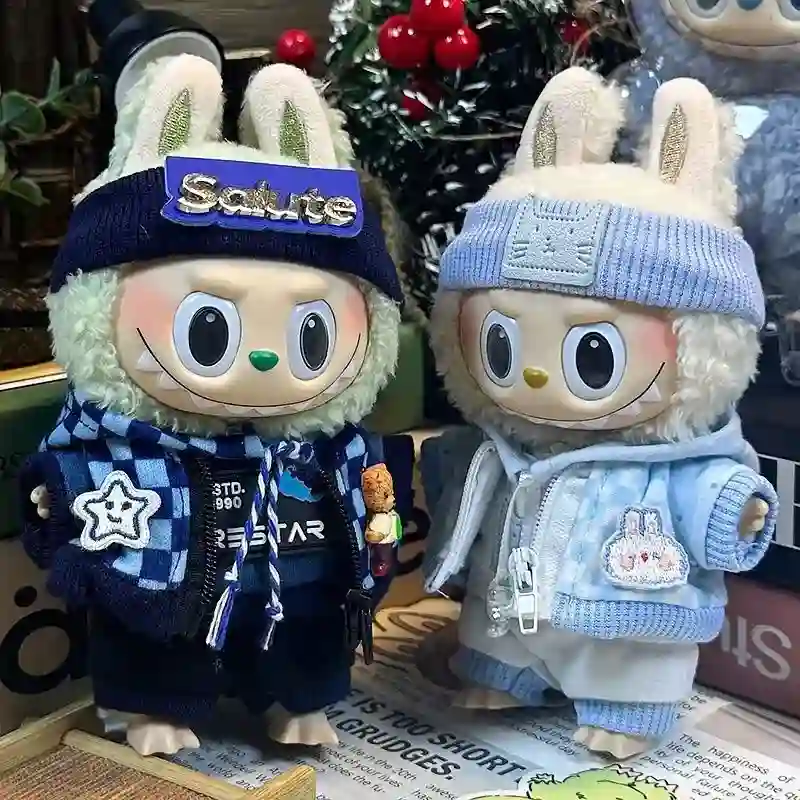 navy blue plaid hoodie outfit for 17cm Labubu figurines