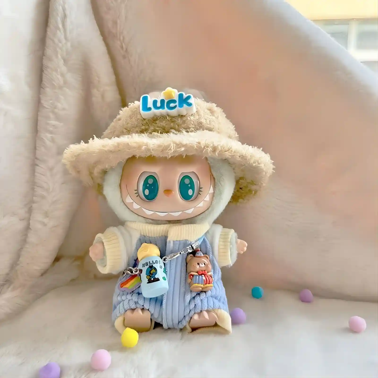 pastel blue corduroy jumpsuit for 17cm Labubu