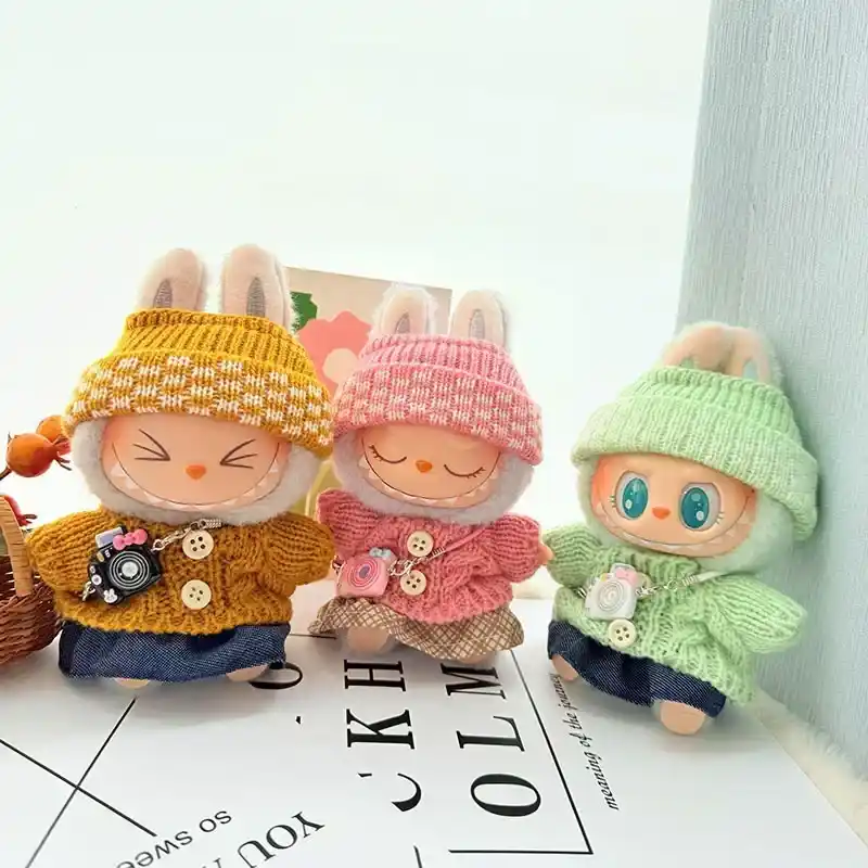 pastel colored labubu doll clothes knitted sweater and hat