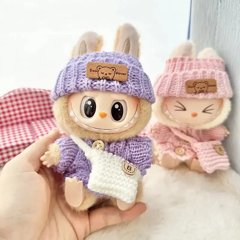 pastel pink labubu bunny cardigan and beanie hat set