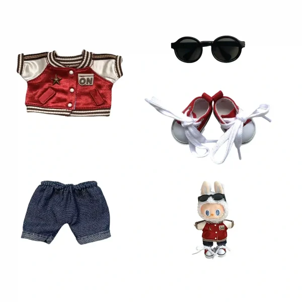 perfect fit labubu v2 v3 doll red jacket denim outfit