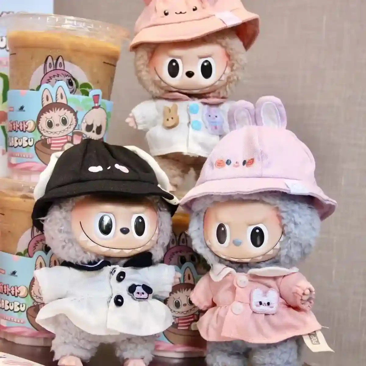 pink and grey labubu doll clothes with matching hat 17cm