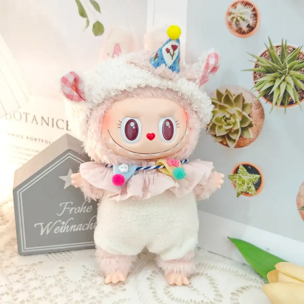 pink gingham bunny ears Labubu doll clothes 15 17cm size